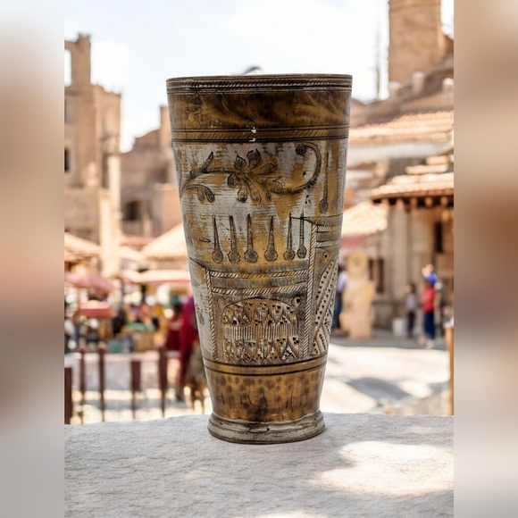 Indian Vintage Ornate Brass Etched Vase 7 Inch - Picture 1 of 9